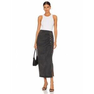 Ellie Makir New York Gray Denim Midi Skirt Large Ruched Snap Detail NWT